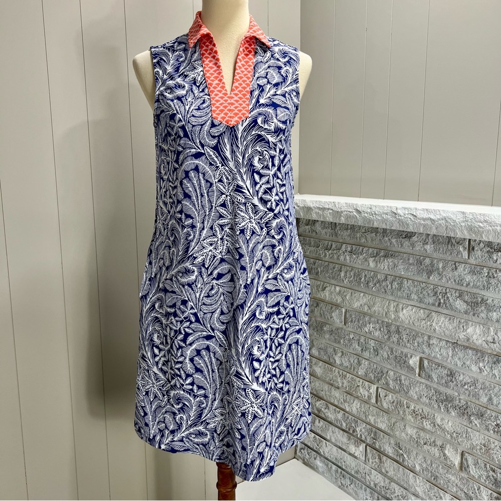 J. McLaughlin Joanna Catalina Cloth Collared Orange Navy Shift Dress S